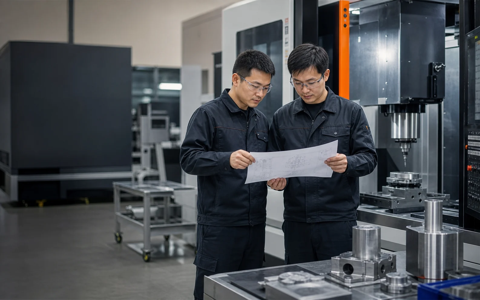 Manufacturing engineers reviewing a drawing beside a CNC machining cell